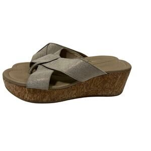 Donald J Pliner Shina Cork Wedge Sandals Size 9M Metallic Linen Comfort Slip On